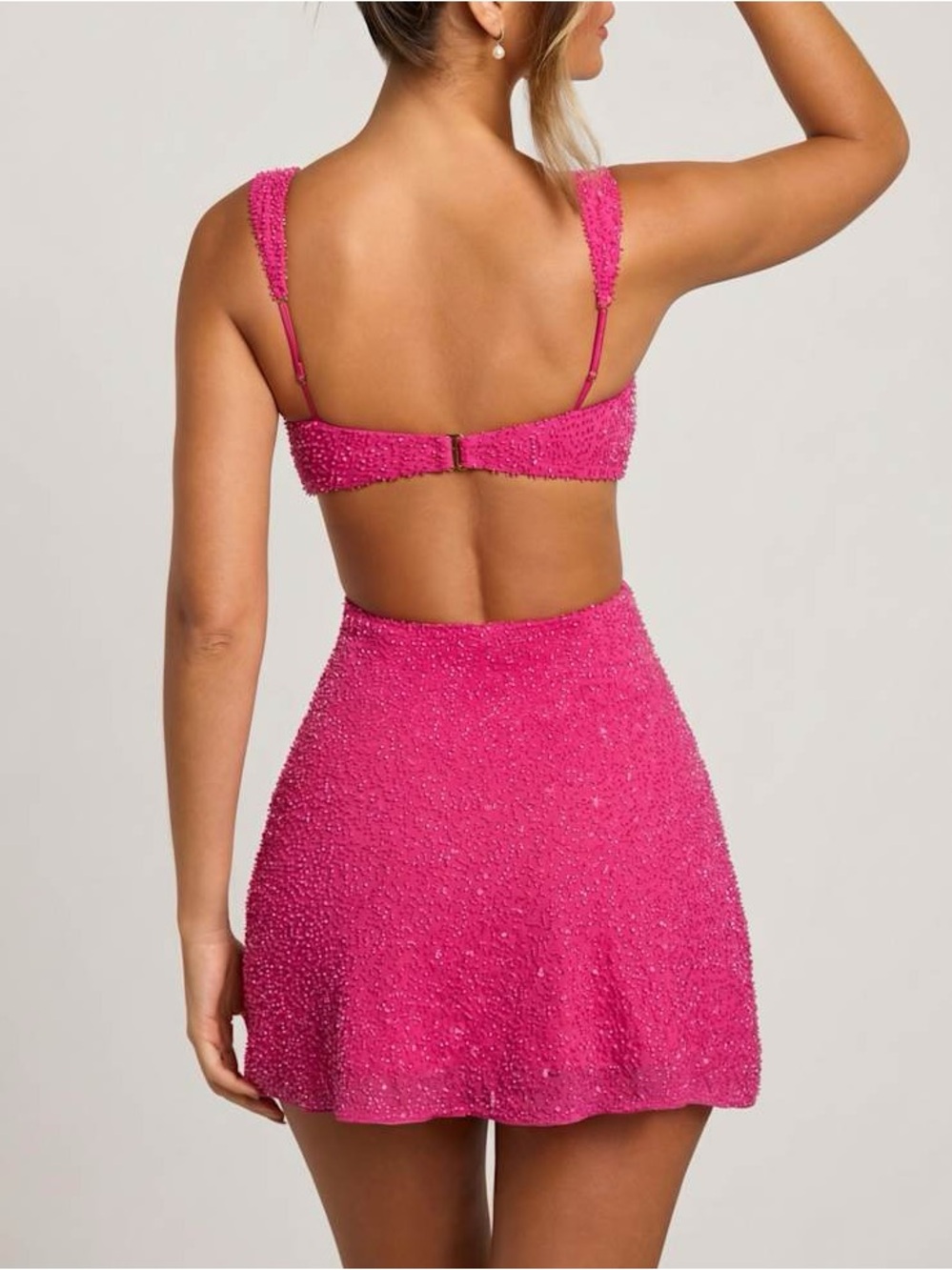 Oh Polly Emilion Embellished Cut Out Mini Beaded Dress Fuschia Hot Pink Size 6 - Picture 2 of 8